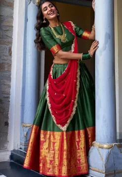 Woven Art Silk Lehenga in Green