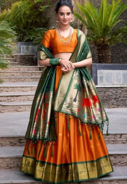 Woven Art Silk Lehenga in Orange