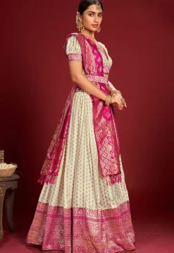 Woven Art Silk Lehenga in Off White