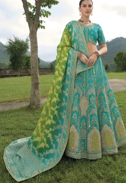 Woven Art Silk Lehenga in Turquoise