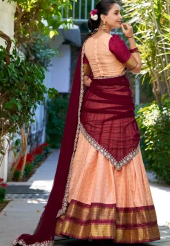 Woven Art Silk Lehenga in Peach
