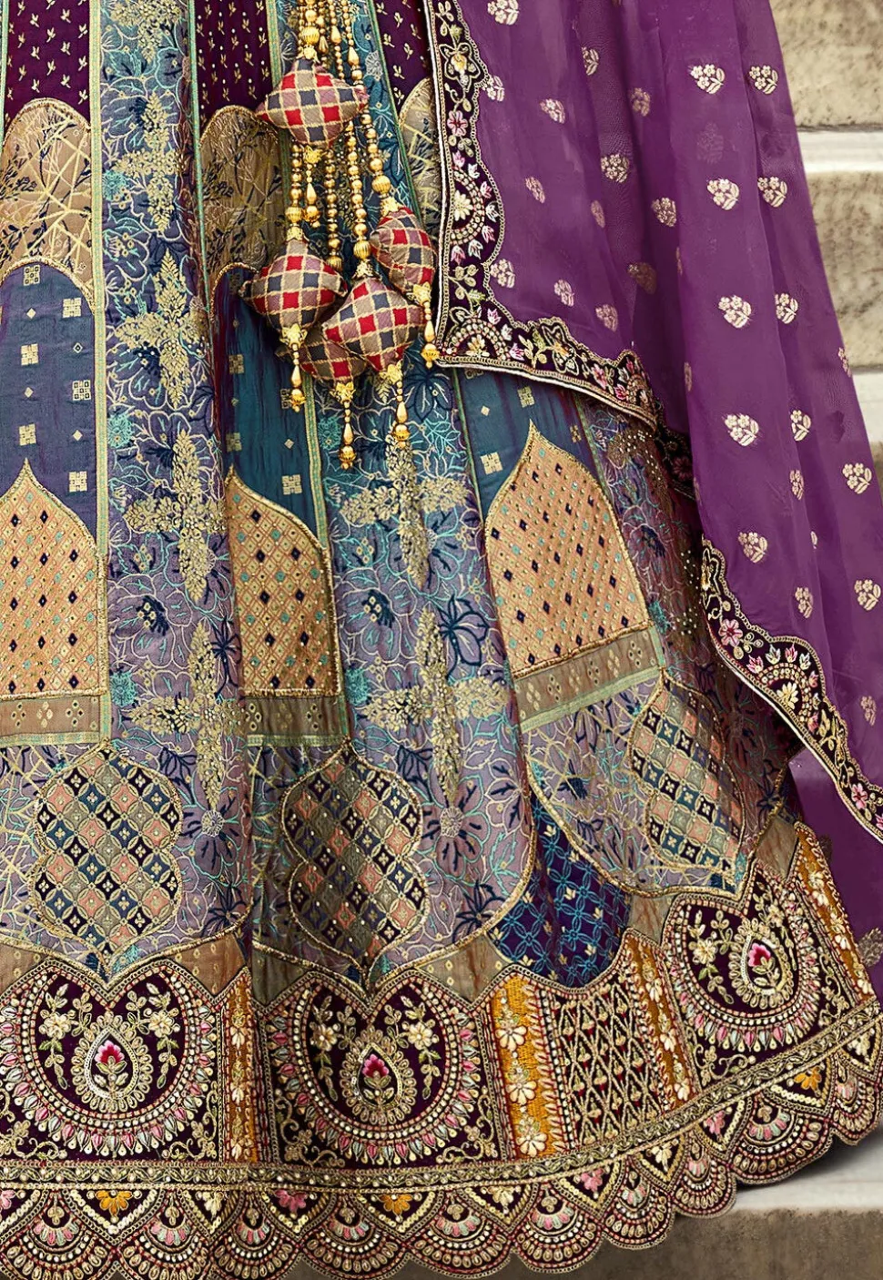 Woven Art Silk Lehenga in Multicolor