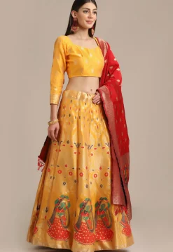 Woven Art Silk Lehenga in Yellow