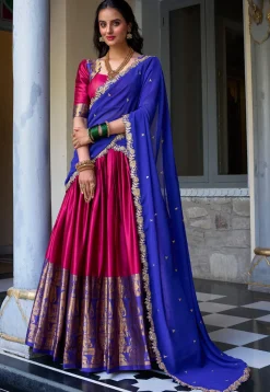 Woven Art Silk Lehenga in Pink