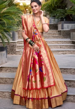 Woven Art Silk Lehenga in Beige