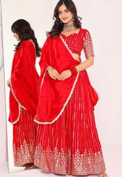 Woven Art Silk Lehenga in Red