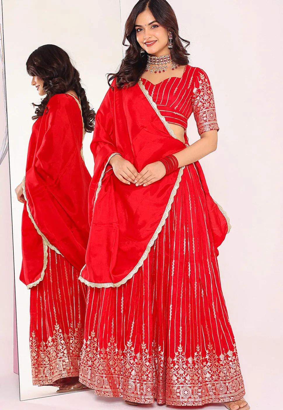 Woven Art Silk Lehenga in Red
