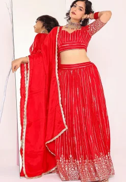 Woven Art Silk Lehenga in Red