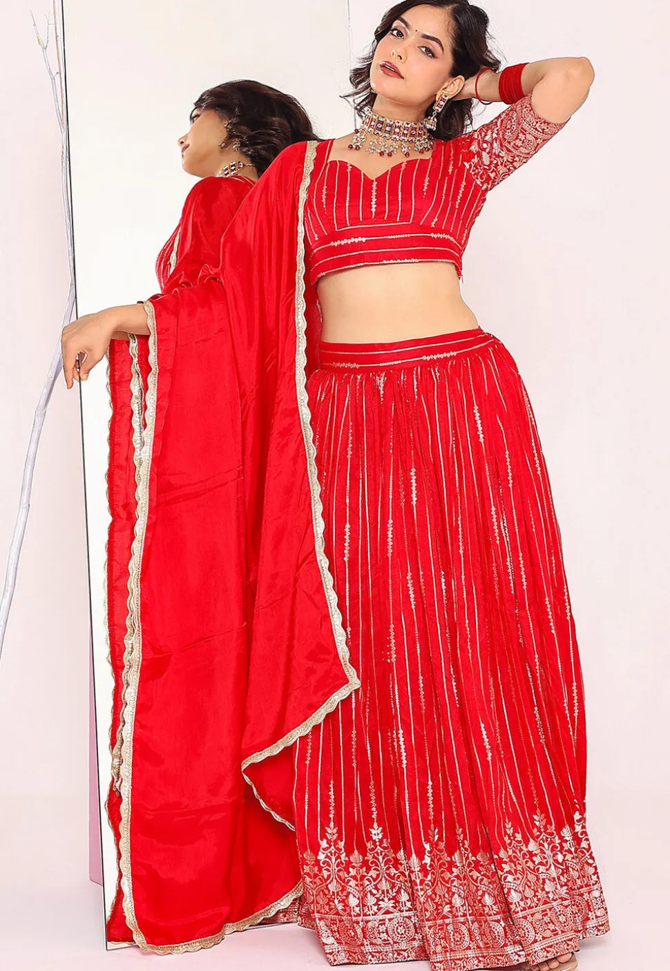 Woven Art Silk Lehenga in Red