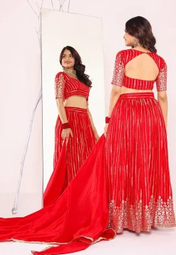 Woven Art Silk Lehenga in Red