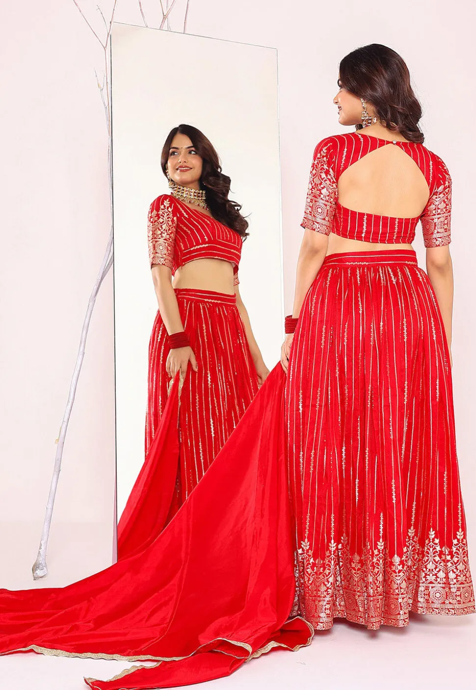 Woven Art Silk Lehenga in Red