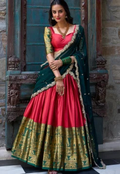 Woven Art Silk Lehenga in Red