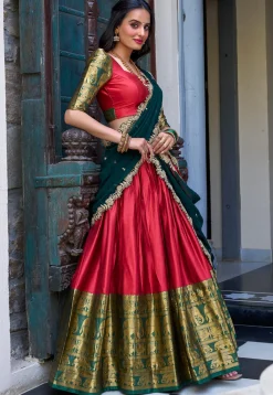 Woven Art Silk Lehenga in Red