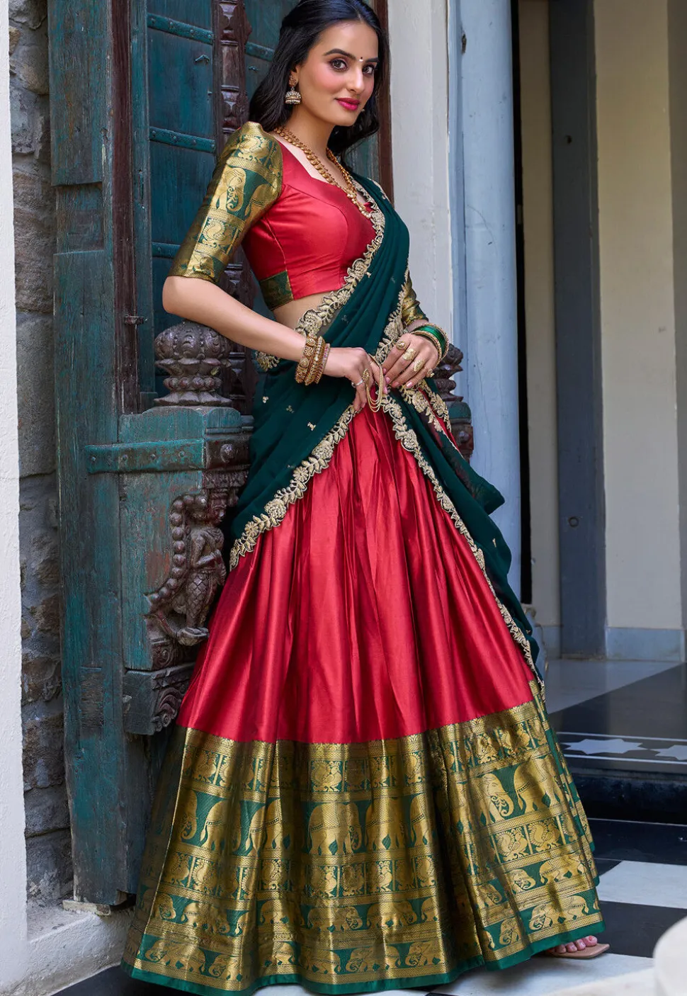 Woven Art Silk Lehenga in Red