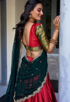 Woven Art Silk Lehenga in Red