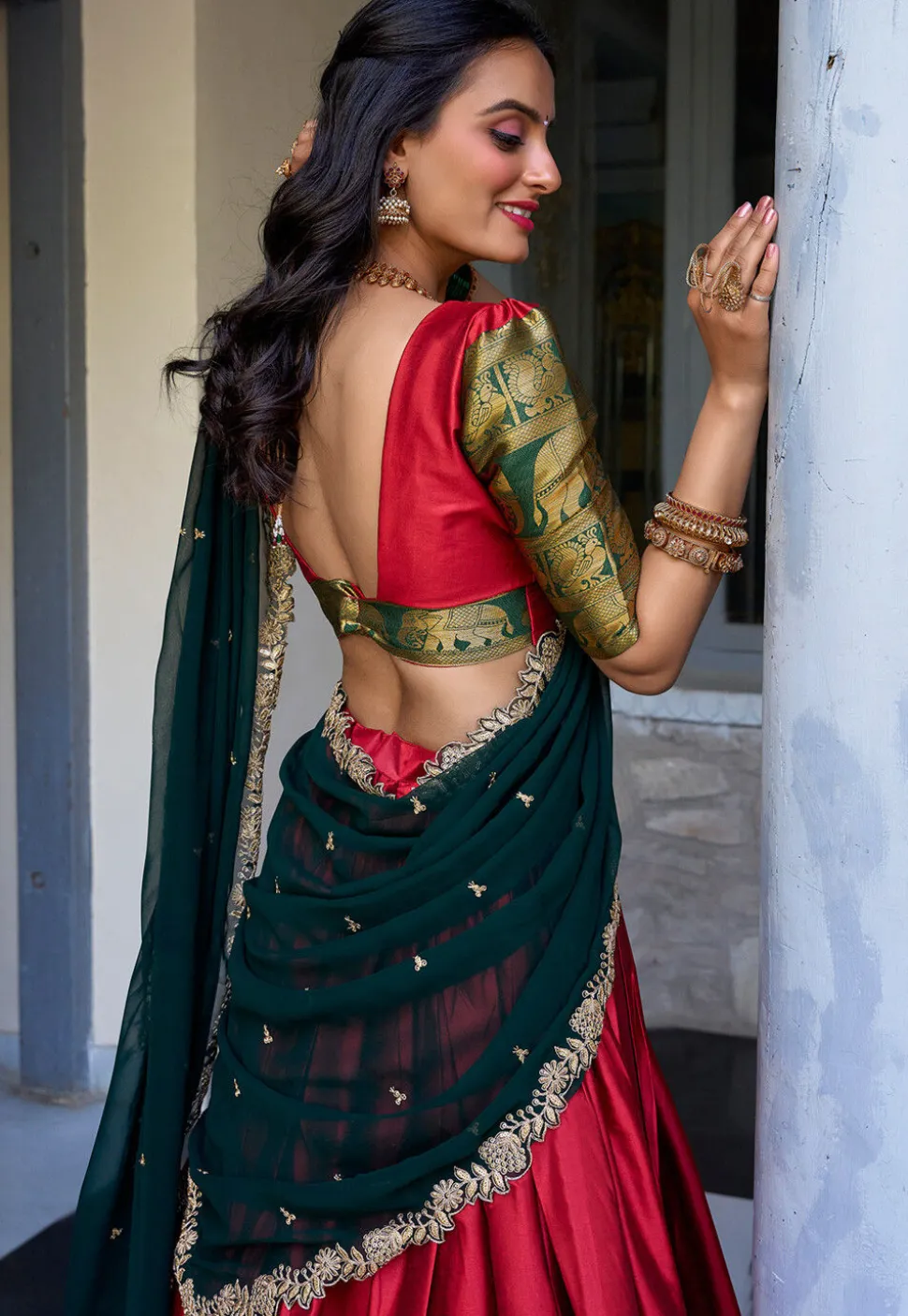 Woven Art Silk Lehenga in Red