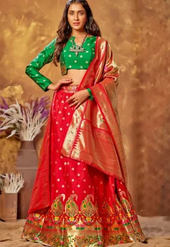 Woven Art Silk Lehenga in Red