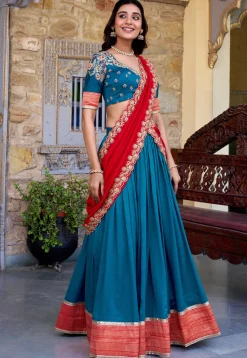 Woven Art Silk Lehenga in Teal Blue
