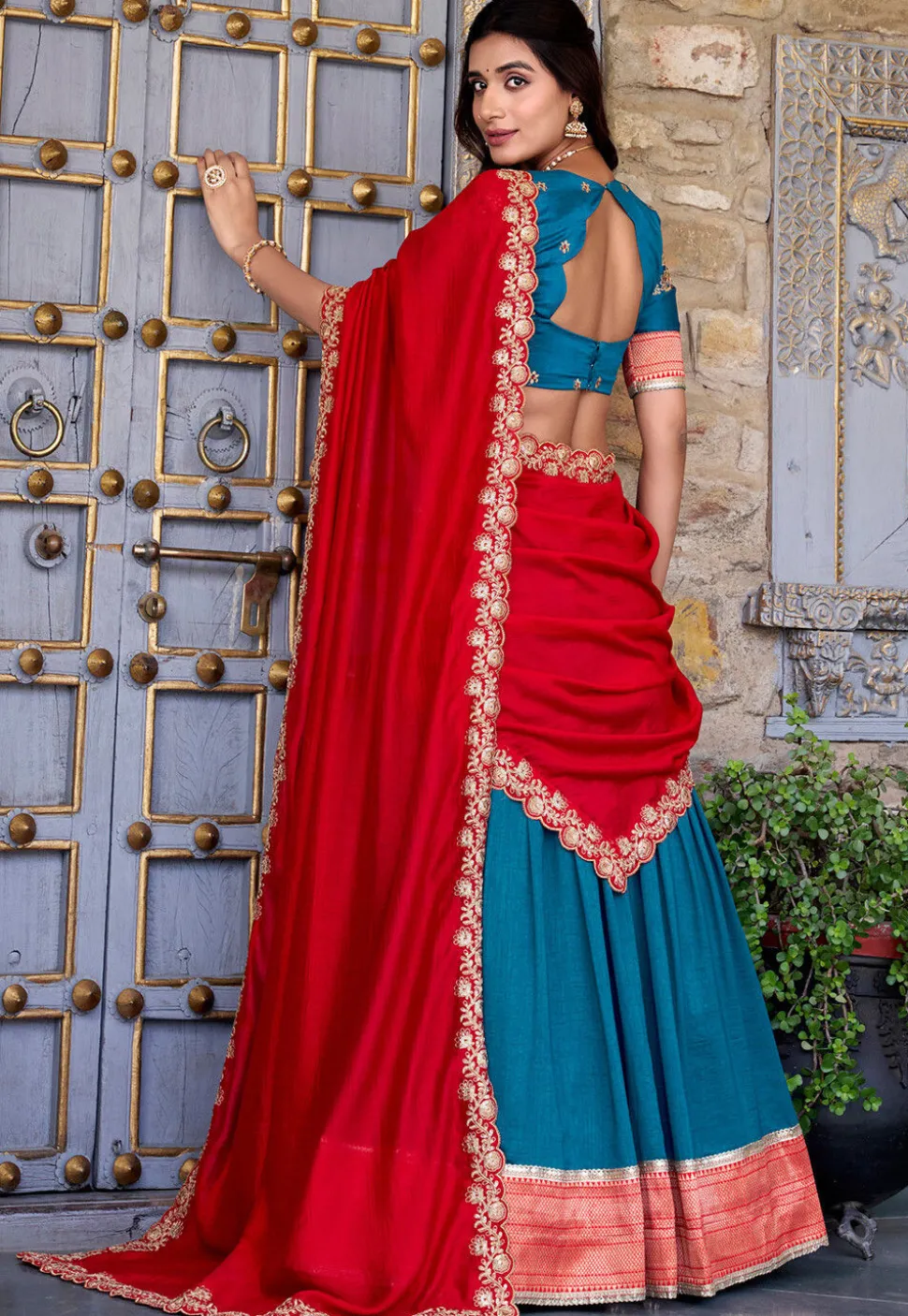 Woven Art Silk Lehenga in Teal Blue