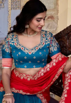 Woven Art Silk Lehenga in Teal Blue