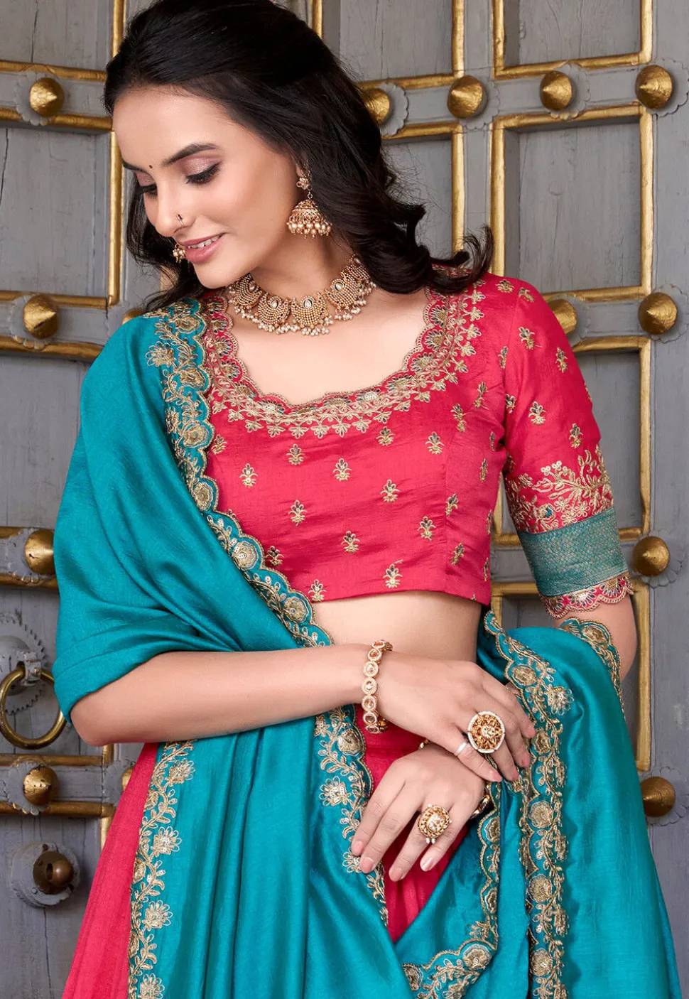 Woven Art Silk Lehenga in Pink