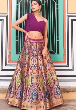 Woven Art Silk Lehenga in Multicolor