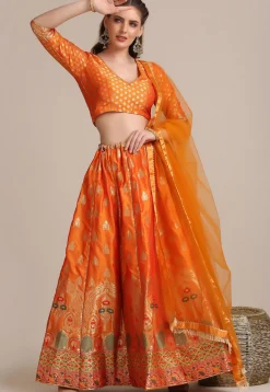 Woven Art Silk Lehenga in Orange