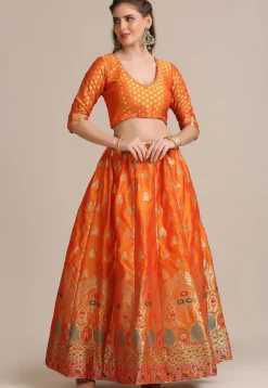 Woven Art Silk Lehenga in Orange