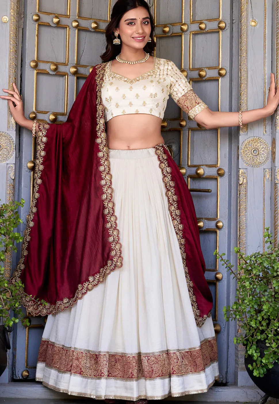 Woven Art Silk Lehenga in Off White