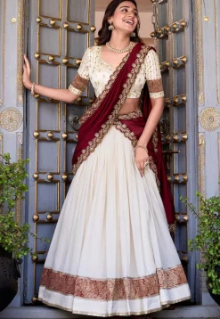 Woven Art Silk Lehenga in Off White