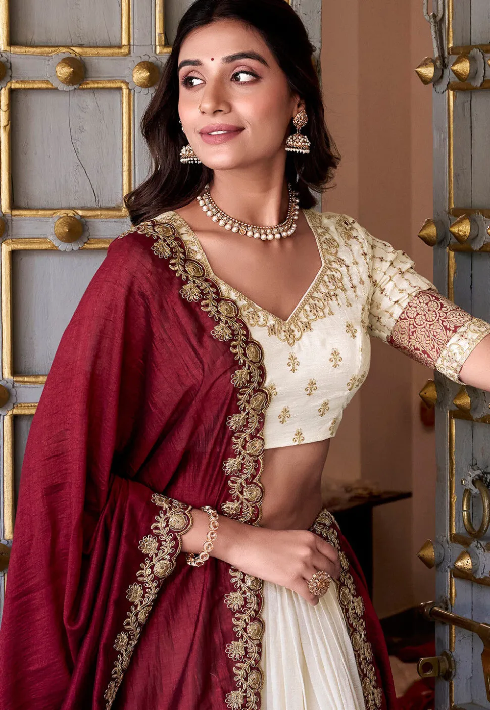 Woven Art Silk Lehenga in Off White