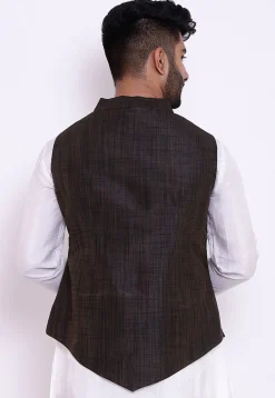 Woven Art Silk Nehru Jacket in Dark Brown