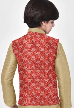 Woven Art Silk Nehru Jacket in Red