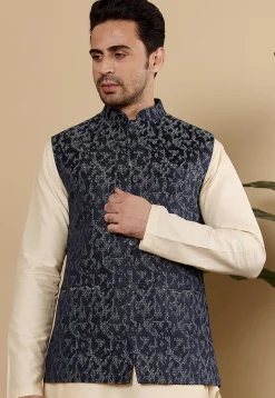 Woven Art Silk Nehru Jacket in Dark Blue