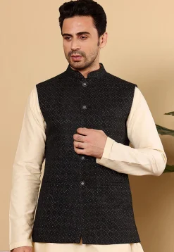Woven Art Silk Nehru Jacket in Black