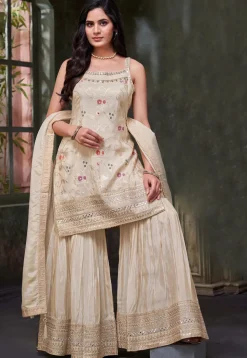 Woven Art Silk Pakistani Suit in Light Beige