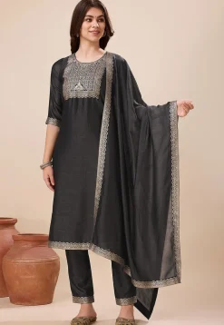 Woven Art Silk Pakistani Suit in Grey