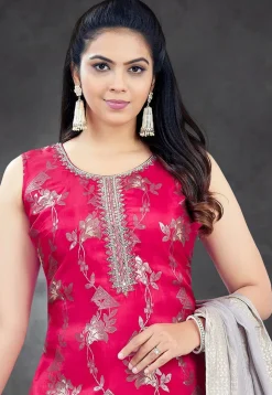 Woven Art Silk Pakistani Suit in Fuchsia
