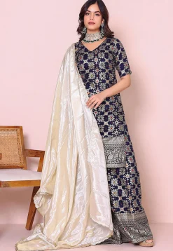 Woven Art Silk Pakistani Suit in Navy Blue