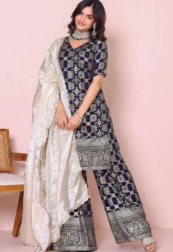 Woven Art Silk Pakistani Suit in Navy Blue