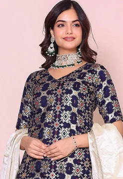Woven Art Silk Pakistani Suit in Navy Blue