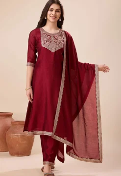 Woven Art Silk Pakistani Suit in Maroon