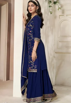 Woven Art Silk Pakistani Suit in Navy Blue