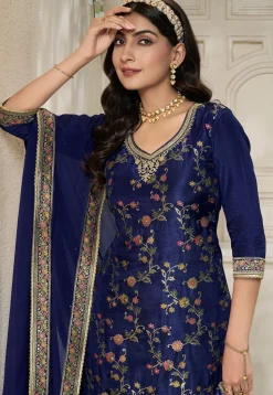 Woven Art Silk Pakistani Suit in Navy Blue