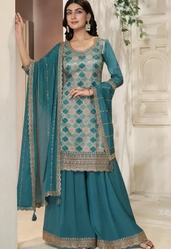 Woven Art Silk Pakistani Suit in Teal Blue