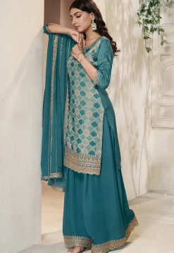 Woven Art Silk Pakistani Suit in Teal Blue