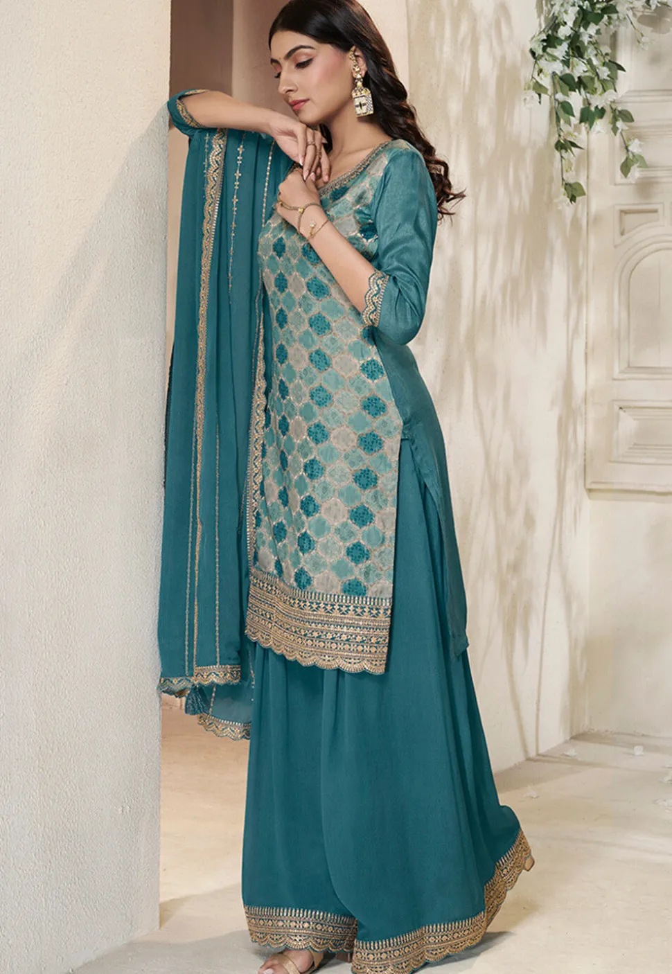 Woven Art Silk Pakistani Suit in Teal Blue