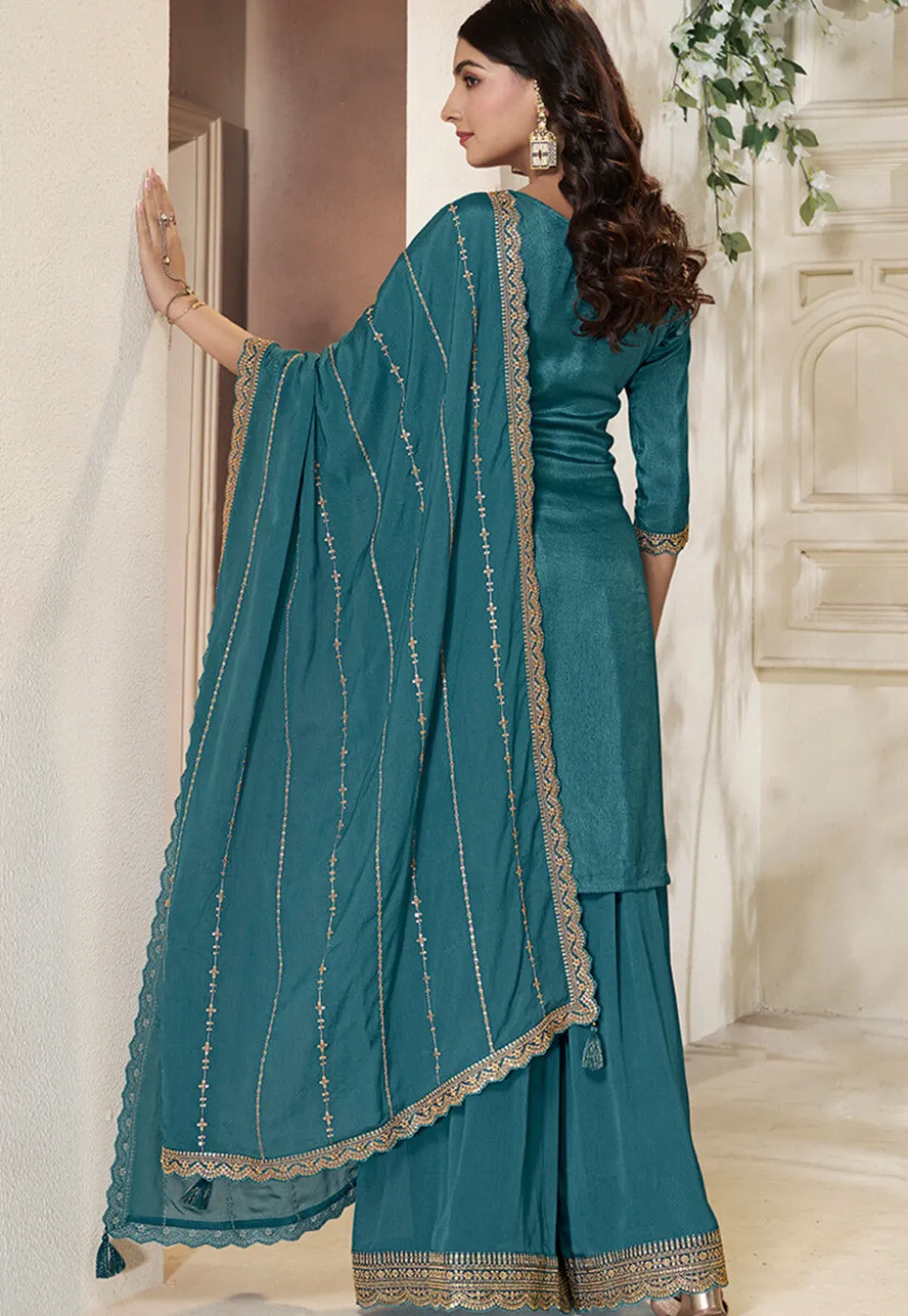 Woven Art Silk Pakistani Suit in Teal Blue