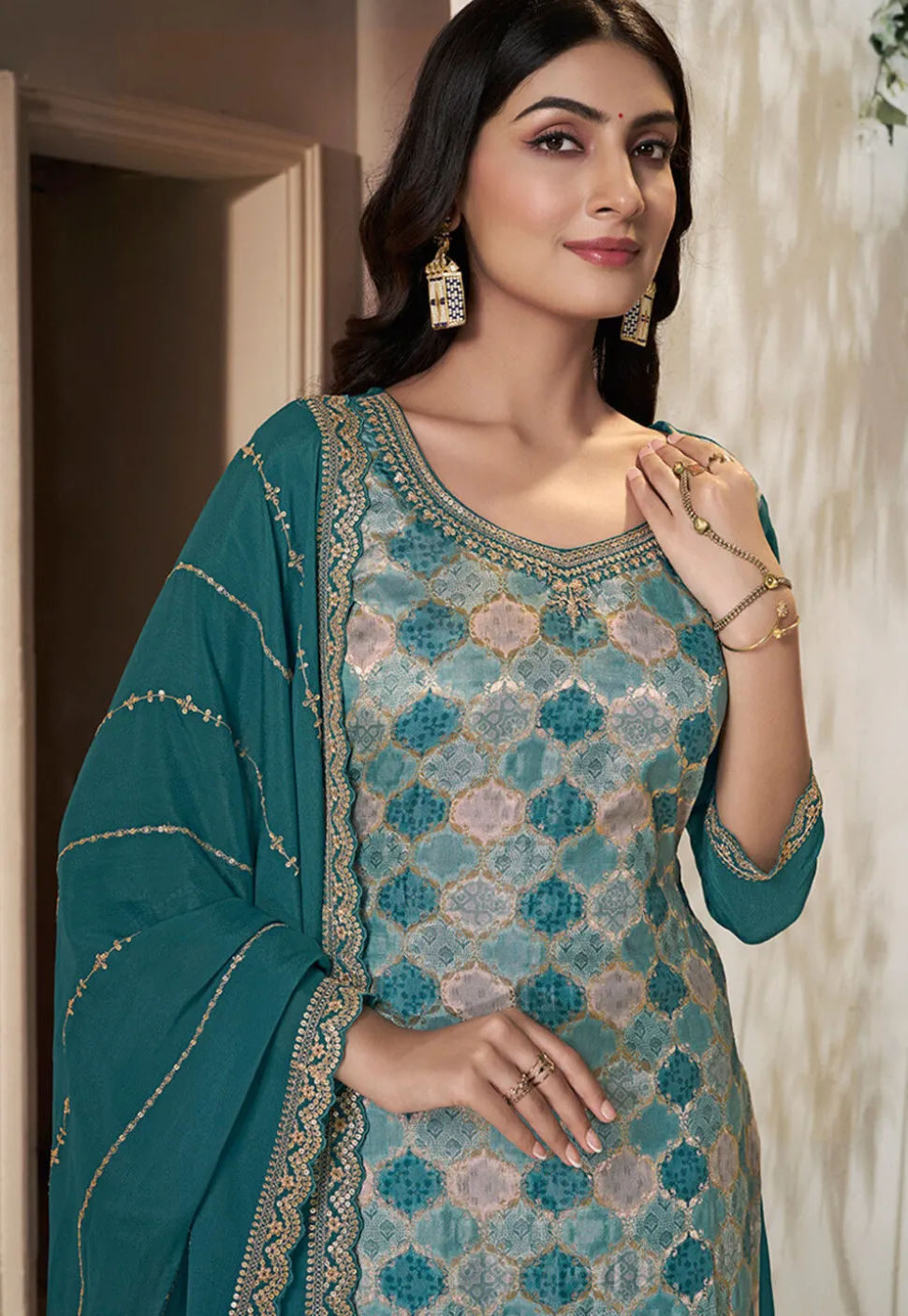 Woven Art Silk Pakistani Suit in Teal Blue