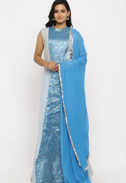 Woven Art Silk Panelled Abaya Style Suit in Blue